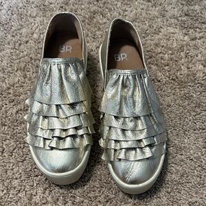BP Metallic Silver Ruffle Slip-Ons